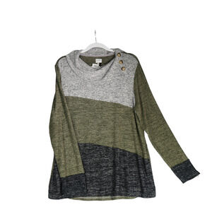 Db Sunday Knit Sweater Women 1X Gray Green Cowl Neck Asymmetrical Collar Casual